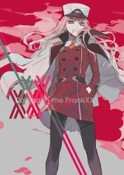 Rule 34 | 10s, 1girl, black pantyhose, copyright name, darling in the franxx, ebanoniwa, eyeshadow, green eyes, hands in pockets, hat, jacket, jacket on shoulders, looking at viewer, makeup, military, military hat, military uniform, mouth hold, orange neckwear, pantyhose, pink hair, red theme, solo, standing, uniform, white jacket, zero two (darling in the franxx)
