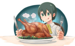Rule 34 | 1girl, androgynous, commentary, food, fork, green eyes, green hair, highres, holding, holding fork, holding knife, kino (kino no tabi), kino no tabi, knife, licking lips, short hair, solo, steam, tauke, tongue, tongue out, turkey (food)