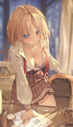 1girl absurdres blonde_hair blue_eyes blurry blush breasts breasts_apart chair cup depth_of_field downblouse drinking_glass eraser highres hololive hololive_english indoors long_sleeves medium_breasts mole mole_on_breast necktie open_clothes open_shirt paper pencil plaid_clothes plaid_skirt pleated_skirt pocket_watch red_necktie shirt short_hair shot_glass skirt solo toripisu undone_necktie virtual_youtuber watch watson_amelia white_shirt white_skirt