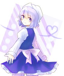 Rule 34 | 1girl, blue eyes, from behind, hat, heart, letty whiterock, light purple hair, looking back, mayo (mayomr29), sash, short hair, solo, striped, striped background, touhou