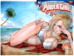 Rule 34 | 1girl, arm support, armpits, beach, bikini, blonde hair, blue eyes, breasts, cleavage, covered erect nipples, dc comics, drink, hand on own hip, highres, large breasts, legs, lying, ocean, official art, on side, power girl, scan, seductive smile, short hair, smile, solo, sweat, swimsuit, thighs, traditional media, water, white bikini