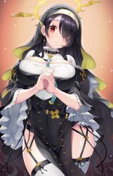 Rule 34 | 1girl, black hair, blue archive, blush, breasts, cleavage cutout, clothing cutout, emanon123, garter belt, habit, hair over one eye, highres, hinata (blue archive), large breasts, long hair, long sleeves, looking at viewer, nun, red eyes, smile, solo, thighhighs, wavy hair, white thighhighs