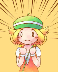 Rule 34 | 1girl, bianca (pokemon), blonde hair, breasts, clenched hands, commentary request, creatures (company), emphasis lines, frown, game freak, green headwear, lowres, nintendo, pokemon, pokemon bw, short sleeves, simple background, small breasts, solo, toge nbo, upper body, yellow background