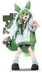Rule 34 | 1girl, :3, animal ear hood, bag, bag charm, black footwear, black necktie, black shirt, borrowed clothes, character charm, charm (object), cosplay, crossed bandaids, datemegane, drawstring, fake animal ears, food-themed bag, green hair, green jacket, green necktie, gyaru, gyaru v, hair ornament, hairclip, highres, hood, hood up, hooded jacket, jacket, kasukabe tsumugi, kasukabe tsumugi (cosplay), long hair, long shirt, looking at viewer, multicolored clothes, multicolored jacket, necktie, no pants, open clothes, open jacket, open mouth, outstretched arm, partially unzipped, pigeon-toed, ribbed socks, shirt, shoes, shoulder bag, single blush sticker, smile, sneakers, socks, solo, tie clip, touhoku zunko, two-tone jacket, v, v-shaped eyebrows, very long hair, voiceroid, voicevox, white jacket, white socks, yellow eyes, zipper, zundamon