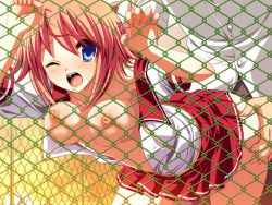 Rule 34 | against fence, blue eyes, blush, breasts, clothed sex, covering privates, doggystyle, fence, miniskirt, nipples, open clothes, open mouth, open shirt, school uniform, sex, sex from behind, shirt, skirt, wince
