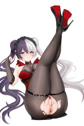 Rule 34 | 1girl, anus, ass, azur lane, bilei, black footwear, black gloves, black pantyhose, blue eyes, blush, breasts, bridal gauntlets, censored, closed mouth, crossed bangs, double bun, gloves, hair bun, hand up, high heels, highres, large breasts, legs up, long hair, looking at viewer, lying, maid headdress, mosaic censoring, multicolored hair, no panties, official alternate costume, on back, paid reward available, pantyhose, purple hair, pussy, red shirt, shirt, simple background, smile, solo, split-color hair, thigh strap, torn clothes, torn pantyhose, two-tone hair, very long hair, white background, white hair, ying swei (azur lane), ying swei (frolicking flowers verse i) (azur lane)