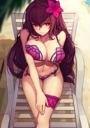 Rule 34 | 1girl, arm behind back, beach, big hair, bikini, blurry, blush, breasts, breasts squeezed together, chair, cleavage, crossed legs, day, depth of field, evan yang, expressionless, fate/grand order, fate (series), fingernails, flower, from above, hair flower, hair intakes, hair ornament, highres, large breasts, lens flare, long hair, looking at viewer, lounge chair, nail polish, navel, ocean, outdoors, pink nails, purple hair, red bikini, red eyes, sand, scathach (fate), scathach (fate/grand order), scathach (swimsuit assassin) (fate), sitting, solo, string bikini, sunlight, swimsuit, thigh gap, thigh strap, underboob, very long hair, water