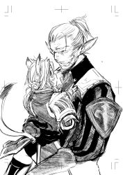 Rule 34 | 00s, 1boy, 1girl, age difference, animal ears, beard, blush, cat ears, cat tail, doraeshi, elf, elvaan, facial hair, final fantasy, final fantasy xi, greyscale, height difference, mithra (ff11), monochrome, pointy ears, size difference, smile, tail, white hair