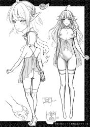 Rule 34 | 1girl, ahoge, ass, blush, breasts, camisole, choker, closed mouth, concept art, detached sleeves, elf, emma (usagi nagomu), greyscale, hair ornament, highres, long hair, long sleeves, monochrome, multiple views, navel, nightgown, nipples, original, pointy ears, scan, small breasts, standing, thighhighs, translation request, usagi nagomu