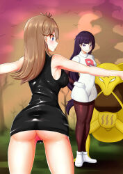 Rule 34 | 1other, 2girls, absurdres, arms at sides, ass, black dress, blue eyes, blush, bodystocking, boots, bottomless, breasts, brown hair, creatures (company), dress, game freak, gen 1 pokemon, gloves, green (pokemon), highres, huge ass, kadabra, large breasts, long hair, looking at another, matching hair/eyes, medium hair, multiple girls, nintendo, pokemon, pokemon adventures, purple eyes, purple hair, pussy, pussy juice, sabrina (pokemon), shiny clothes, short dress, sideboob, silence126, sleeveless, sleeveless dress, thighs, tower, tree, white dress, white gloves