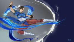 Rule 34 | 1girl, blue dress, boots, bracelet, brown eyes, brown hair, brown pantyhose, bun cover, capcom, china dress, chinese clothes, chun-li, cross-laced footwear, double bun, dress, hair bun, highres, jewelry, kicking, ld walker, legs, long legs, looking to the side, open mouth, pantyhose, pelvic curtain, puffy short sleeves, puffy sleeves, sash, short sleeves, side slit, solo, spiked bracelet, spikes, street fighter, thatld, thighs, white footwear