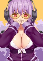 Rule 34 | 10s, 1girl, asamura hiori, bare shoulders, bikini, bikini top only, blush, breasts, cleavage, front-tie bikini top, front-tie top, glasses, gridman universe, hair between eyes, headphones, highres, jacket, large breasts, light purple hair, long sleeves, looking at viewer, off shoulder, open clothes, open jacket, orange-framed eyewear, purple eyes, purple hair, purple jacket, red eyes, shinjou akane, short hair, sleeves past wrists, solo, ssss.gridman, sunglasses, swimsuit, tinted eyewear, upper body, white bikini, yellow-tinted eyewear, yellow-tinted glasses