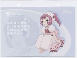 Rule 34 | 00s, 2003, blue background, brown eyes, calendar, calendar (medium), chobits, clamp, full body, mini person, minigirl, official art, pink hair, pinup (style), ponytail, scan, sitting, sumomo (chobits)