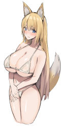 Rule 34 | 1girl, absurdres, animal ears, bikini, blonde hair, blue eyes, blush, breasts, brll, closed mouth, cowboy shot, cropped legs, fox ears, fox tail, gradient hair, highres, huge breasts, looking at viewer, multicolored hair, original, own hands together, simple background, solo, swimsuit, tail, white background, white bikini