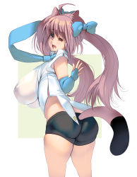 Rule 34 | 1girl, ahoge, animal ears, ass, bow, breasts, brown eyes, brown hair, elbow gloves, fingerless gloves, from behind, gloves, highres, huge breasts, impossible clothes, kouno (masao), one eye closed, open mouth, original, photoshop (medium), shirt, shorts, simple background, solo, standing, tail, twintails, two-tone background, white shirt