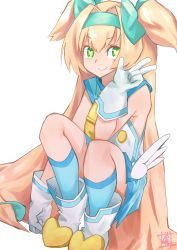 Rule 34 | 1girl, absurdres, aqua hairband, aqua ribbon, blazblue, blue skirt, blue socks, boots, buttons, closed mouth, eyebrows, gloves, green eyes, green pupils, hair between eyes, hair intakes, hair ribbon, hairband, hand up, heart, heart-shaped pupils, highres, long hair, miniskirt, platinum the trinity, pleated skirt, ribbon, skirt, sleeveless, smile, socks, solo, sou (pale 1080), squatting, symbol-shaped pupils, two side up, v, very long hair, white footwear, white gloves