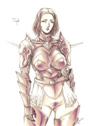 Rule 34 | 1girl, armor, belt, bottomless, breastplate, breasts, casual nudity, chainmail, cleft of venus, cowboy shot, crotchless, cuisses, female knight, female pubic hair, freyda, gloves, heroes of might and magic, heroes of might and magic v, highres, knight, large breasts, lipstick, makeup, might and magic, no panties, pauldrons, plate armor, pubic hair, pussy, rennes, revealing clothes, short hair, shoulder armor, skirt, solo, standing, thighs, uncensored, vambraces, white background