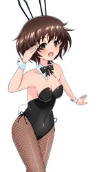 Rule 34 | 1girl, absurdres, akiyama yukari, animal ears, black bow, black bowtie, black leotard, bow, bowtie, breasts, brown eyes, brown hair, commentary request, covered navel, cowboy shot, detached collar, earlobe1514366, fake animal ears, fake tail, girls und panzer, grey pantyhose, highres, leaning forward, leotard, looking at viewer, medium breasts, messy hair, open mouth, pantyhose, partial commentary, playboy bunny, rabbit ears, rabbit tail, short hair, side-tie leotard, simple background, smile, solo, standing, strapless, strapless leotard, tail, white background, wing collar, wrist cuffs