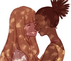 Rule 34 | 2girls, bare shoulders, blonde hair, blunt bangs, blush, brown hair, carole &amp; tuesday, carole stanley, closed eyes, commentary, dark-skinned female, dark skin, earrings, english commentary, face-to-face, facing another, freckles, grin, gutalalaman, high ponytail, highres, interracial, jewelry, multiple girls, noses touching, shadow, sketch, smile, tuesday simmons, white background, yuri