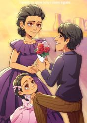 Rule 34 | 1boy, 2girls, bad id, bad twitter id, black hair, blush, bouquet, braid, brown eyes, coco (disney), dark skin, disney, dress, earrings, english text, facial hair, family, father and daughter, flower, goatee, hector rivera, hector rivera (alive), imelda rivera, imelda rivera (alive), jewelry, long hair, mama coco, mexican dress, mother and daughter, multiple girls, necktie, short hair, smile, spoilers, twin braids, aged down