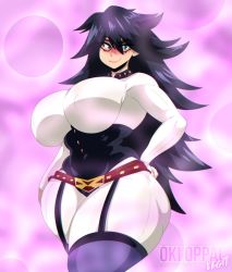 Rule 34 | 1girl, artist name, black hair, blue eyes, blush, bodystocking, boku no hero academia, breasts, curvy, domino mask, garter straps, hand on own hip, highres, huge breasts, midnight (boku no hero academia), long hair, looking at viewer, mask, midnight (boku no hero academia), mole, mole under eye, okioppai, pink background, smile, solo, thick thighs, thighhighs, thighs, wide hips