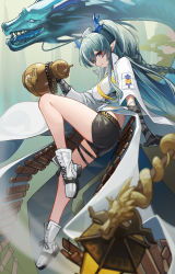 Rule 34 | 1girl, absurdres, ankle boots, arknights, ass, bare legs, belt, black gloves, black shorts, blue eyes, blue hair, boots, braid, breasts, coat, dragon, dragon girl, dragon horns, elbow gloves, from side, full body, gloves, gours, highres, holding, horns, knee up, komi (komiking), lantern, large breasts, ling (arknights), long hair, looking at viewer, looking to the side, necktie, open clothes, open coat, parted lips, shirt, short shorts, shorts, smile, solo, thigh strap, very long hair, white coat, white footwear, white shirt, yellow necktie