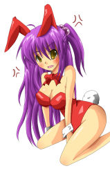 Rule 34 | 1girl, angry, animal ears, bare legs, bow, bowtie, breasts, cleavage, detached collar, fake animal ears, futaki kanata, kneeling, leotard, little busters!, playboy bunny, purple hair, rabbit ears, rabbit tail, red bow, red bowtie, shin-mottie, solo, tail, twintails, yellow eyes