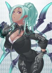 Rule 34 | 1girl, aqua hair, arachne (housamo), argyle, argyle background, argyle clothes, arthropod limbs, bad proportions, black gloves, black neckwear, black suit, breasts, cleavage, dark-skinned female, dark skin, earrings, extra eyes, finger to own chin, formal, gloves, hand on own hip, hand up, harigiri305, highres, impossible clothes, jewelry, lace, large breasts, leaning forward, long hair, pointy ears, ponytail, simple background, solo, standing, suit, tokyo houkago summoners