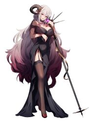 Rule 34 | 1girl, action taimanin, black dress, breasts, cleavage, demon girl, dress, full body, furfur (action taimanin), garter straps, genyaky, high heels, highres, horns, large breasts, lilith-soft, lipstick, long hair, looking at viewer, makeup, official art, pointy ears, red eyes, simple background, solo, standing, taimanin (series), taimanin rpgx, thighhighs, very long hair, weapon, white hair