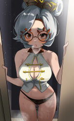 Rule 34 | 1girl, absurdres, bare shoulders, black panties, blush, breasts, cleavage cutout, clothing cutout, collarbone, commentary, cowboy shot, doorway, glasses, gluteal fold, grey hair, hair ornament, hands up, highres, looking at viewer, makeup, medium breasts, nintendo, no pants, panties, parted bangs, parted lips, partially visible vulva, purah, red-framed eyewear, round eyewear, skindentation, solo, standing, steaming body, sweat, the legend of zelda, the legend of zelda: tears of the kingdom, thighs, underwear, zd (pixiv6210083)