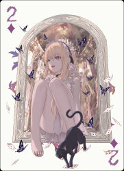Rule 34 | 1girl, alice (alice in wonderland), alice in wonderland, animal ears, bad id, bad pixiv id, bare legs, barefoot, black cat, blonde hair, blue eyes, bug, butterfly, card, cat, eyebrows hidden by hair, hairband, highres, insect, long hair, looking to the side, merry hearm, open mouth, playing card, poker, sitting, smile, solo, toes, window