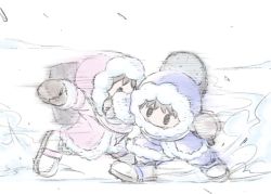 Rule 34 | 1boy, 1girl, arm up, black eyes, blue pants, boots, brown gloves, brown hair, cleats, clenched hand, closed mouth, fur-trimmed gloves, fur trim, gloves, hammer, holding, holding weapon, hood, ice climber, mallet, mittens, motion lines, nana (ice climber), nintendo, outstretched arm, pants, pink pants, popo (ice climber), simple background, spinning, standing, sunaxet, super smash bros., weapon, white background, white footwear, winter clothes