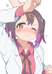 Rule 34 | 1girl, 1other, ;t, arm up, black hair, blush, brown eyes, colored inner hair, commentary request, hair between eyes, hair ornament, hairclip, hatafuta, headpat, heart, highres, lab coat, long sleeves, looking at viewer, medium hair, multicolored hair, one eye closed, onii-chan wa oshimai!, out of frame, oyama mihari, pout, purple hair, red shirt, shirt, simple background, solo focus, twintails, two-tone hair, upper body, white background, wing collar