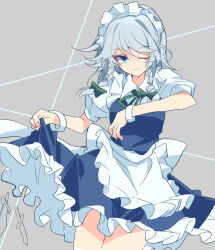 Rule 34 | 1girl, ;), apron, back bow, blue eyes, blue skirt, blue vest, bow, braid, closed mouth, clothes lift, collared shirt, commentary request, cowboy shot, frilled apron, frilled skirt, frills, green bow, green ribbon, grey background, grey hair, hair bow, highres, ichimura kanata, izayoi sakuya, knife, lifted by self, looking at viewer, maid, maid headdress, neck ribbon, one eye closed, puffy short sleeves, puffy sleeves, ribbon, shirt, short sleeves, sidelocks, simple background, skirt, skirt lift, smile, solo, thighs, touhou, tsurime, twin braids, vest, waist apron, white apron, white bow, white shirt