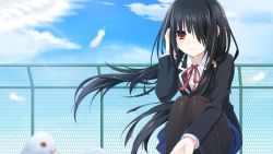 Rule 34 | 10s, 1girl, bird, black hair, black pantyhose, blazer, blue sky, chain-link fence, cloud, date a live, day, dove, feathers, fence, game cg, hair over one eye, hand in own hair, heterochromia, jacket, legs together, light smile, long hair, long sleeves, outdoors, pantyhose, red eyes, ribbon, school uniform, sky, solo, squatting, tokisaki kurumi, tsunako, twintails, very long hair, wind, yellow eyes