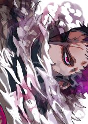 Rule 34 | 1boy, a00xm, charlotte katakuri, close-up, commentary, covered mouth, fur scarf, highres, looking at viewer, male focus, one piece, purple eyes, purple hair, short hair, simple background, smoke, solo, stitched face, stitches, v-shaped eyebrows
