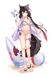 Rule 34 | 1girl, absurdres, animal ears, ball, beachball, bikini, black footwear, black hair, blue archive, breasts, closed mouth, cup, drink, flower, fox ears, fox girl, fox mask, full body, hair flower, hair ornament, highres, holding, holding cup, holding mask, large breasts, long hair, looking at viewer, low twintails, mask, navel, neon (hhs9444), sandals, simple background, smile, solo, swimsuit, twintails, wakamo (blue archive), wakamo (swimsuit) (blue archive), white background, white bikini, yellow eyes