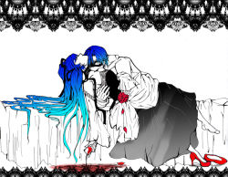 Rule 34 | 1boy, 1girl, alcohol, blue hair, cantarella, cantarella (vocaloid), detached sleeves, dress, flower, glass, gradient hair, hair ribbon, hatsune miku, kaito (vocaloid), long hair, lying, mask, monochrome, multicolored hair, nyakonbu, petals, ribbon, rose, shoes, single shoe, spilling, spot color, twintails, very long hair, vocaloid, wine