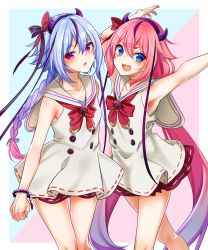 Rule 34 | 2girls, arms up, blue eyes, bow, cowboy shot, dress, fake horns, fang, gradient hair, hairband, horned headwear, horns, long hair, low-tied long hair, meika hime, meika mikoto, multicolored hair, multiple girls, pink eyes, pink hair, sailor collar, sailor dress, siblings, streaked hair, twins, twintails, very long hair, vocaloid, yodare (3yami8)