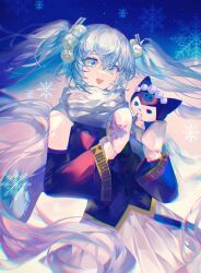 Rule 34 | 1girl, :d, black shirt, black sleeves, blue background, blue eyes, blue hair, cowboy shot, creature, detached sleeves, floating hair, gloves, hair ornament, hatsune miku, highres, holding, holding creature, kuromi, liujiang2020, long hair, mittens, open mouth, sanrio, scarf, shirt, skirt, sleeveless, sleeveless shirt, smile, snowflakes, standing, twintails, two-tone background, very long hair, vocaloid, white gloves, white scarf, white skirt, winter clothes