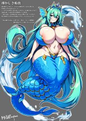 Rule 34 | 1girl, aqua eyes, aqua hair, areola slip, blue eyes, blue hair, breasts, breasts apart, bursting breasts, character request, crown, curvy, dot nose, female focus, full body, grey background, grin, highres, huge breasts, impossible clothes, japanese text, kyosuke fujiwara, legs, long hair, mermaid, monster girl, navel, nipples, shiny clothes, shiny skin, skindentation, smile, solo, thick thighs, thighs, translation request, very long hair, water, wide hips