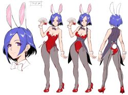 Rule 34 | 1girl, animal ears, ass, bare shoulders, breasts, card, character sheet, cleavage, commentary, concept art, detached collar, earrings, fake animal ears, female focus, full body, high heels, highres, holding, jewelry, leotard, looking at viewer, lovina (taimanin asagi battle arena), medium breasts, multiple views, pantyhose, playboy bunny, rabbit ears, rabbit tail, short hair, simple background, standing, strapless, strapless leotard, tail, taimanin (series), taimanin asagi kessen arena, turnaround, white background, wrist cuffs, zol