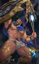 Rule 34 | 1boy, abs, armpits, bara, beard, benoit, biceps, cape, ear piercing, earrings, facial hair, feet out of frame, fighting stance, fire, forest, fundoshi, hairy, highres, japanese clothes, jewelry, large pectorals, league of legends, looking up, male focus, manly, mature male, mohawk, muscular, muscular male, nature, night, night sky, nipples, outdoors, pantheon (league of legends), pectorals, piercing, polearm, scar, shield, sky, solo, spear, thick arms, thick thighs, thighs, weapon