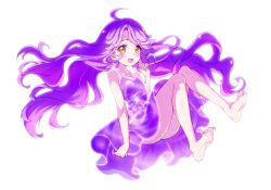 Rule 34 | 1girl, :d, ahoge, bare arms, bare legs, barefoot, blush, cure coral, dress, full body, henshin, highres, kyoutsuugengo, long hair, looking at viewer, open mouth, precure, purple dress, purple hair, simple background, sleeveless, sleeveless dress, smile, soles, solo, suzumura sango, tropical-rouge! precure, twintails, very long hair, white background, yellow eyes