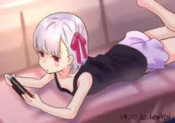 Rule 34 | 1girl, bare arms, black shirt, blush stickers, couch, fate/grand order, fate (series), hair ornament, hair ribbon, jitome, kama (fate), leg up, lying, nintendo switch, on couch, on stomach, pink eyes, playing games, purple shorts, ribbon, shirt, short hair, shorts, simple background, solo, white hair, zenshin