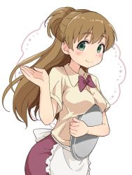 Rule 34 | 1girl, apron, blush, bow, breasts, brown hair, brown shirt, character request, closed mouth, collared shirt, frilled apron, frills, green eyes, hair between eyes, hand up, holding, holding tray, idolmaster, long hair, medium breasts, ponytail, red bow, red skirt, shirt, short sleeves, skirt, smile, solo, tadanoshi kabane, tray, uniform, very long hair, waist apron, waitress, white apron, white background