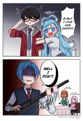 Rule 34 | 2boys, 3girls, absurdres, apron, arm hug, beer can, blue eyes, blue hair, can, comic, commentary, dining room, drink can, english commentary, english text, glasses, gun, highres, hololive, hololive english, hololive indonesia, holostars, holostars english, kobo kanaeru, long hair, long sleeves, mamaprofennn, mori calliope, multicolored hair, multiple boys, multiple girls, necktie, pink hair, regis altare, shaded face, short hair, shotgun, takanashi kiara, tears, tray, vest, virtual youtuber, weapon, white hair
