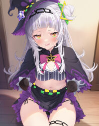 Rule 34 | 1girl, black gloves, capelet, gloves, grey hair, highres, hololive, kurono yuzuko, long hair, looking at viewer, murasaki shion, open mouth, panties, solo, underwear, virtual youtuber, yellow eyes