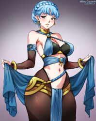 Rule 34 | 1girl, absurdres, alternate costume, bare shoulders, blue hair, blush, bracelet, braid, breasts, bridal gauntlets, brown eyes, cleavage, cosplay, crown braid, dancer, dorothea arnault (plegian), dorothea arnault (plegian) (cosplay), fire emblem, fire emblem: three houses, fire emblem heroes, gloves, hair ornament, highres, jewelry, large breasts, looking at viewer, marianne von edmund, mina cream, navel, nintendo, pantyhose, parted bangs, pelvic curtain, simple background, smile, solo, thick thighs, thighs, wide hips