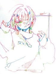 Rule 34 | 1girl, blunt bangs, colorful, green eyes, hair over one eye, hands up, hatching (texture), long sleeves, original, short hair, signature, solo, traditional media, upper body, watanabe tomari, white background